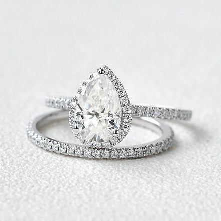 Colorless Moissanite Pear Cut Halo Bridal Set
