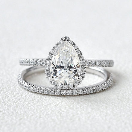 Colorless Moissanite Pear Cut Halo Bridal Set