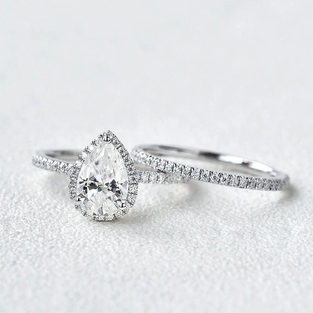Colorless Moissanite Pear Cut Halo Bridal Set