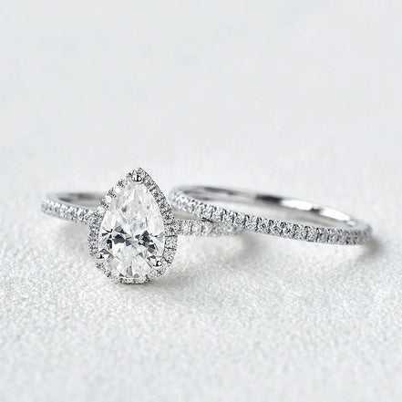 Colorless Moissanite Pear Cut Halo Bridal Set