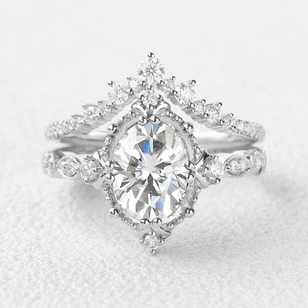 Moissanite Oval Cut Filigree D Color Ring Set For Women