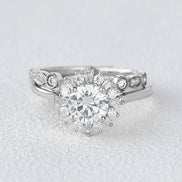 Moissanite Round Cut Floral Halo Bridal Ring Set For Her