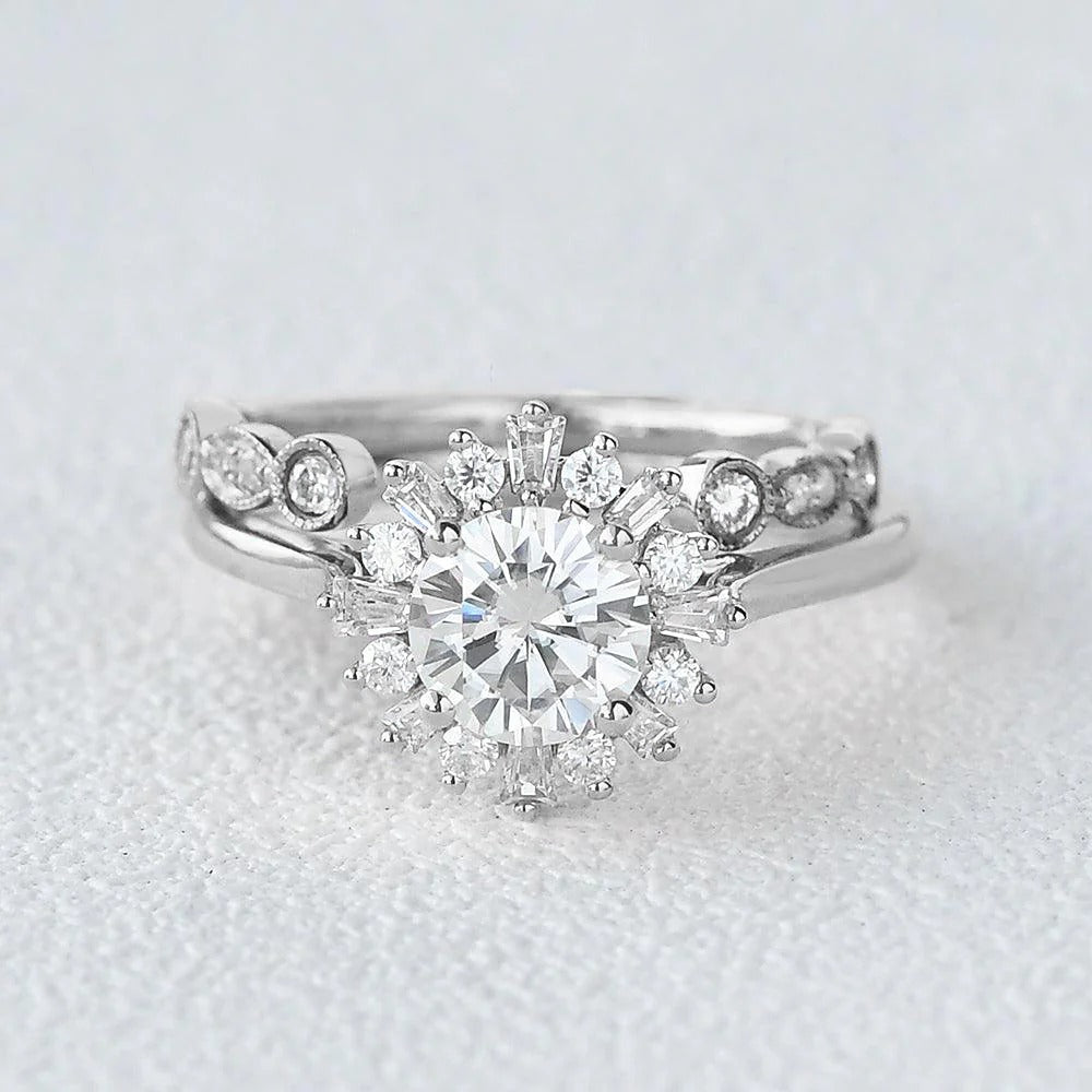Moissanite Round Cut Floral Halo Bridal Ring Set For Her