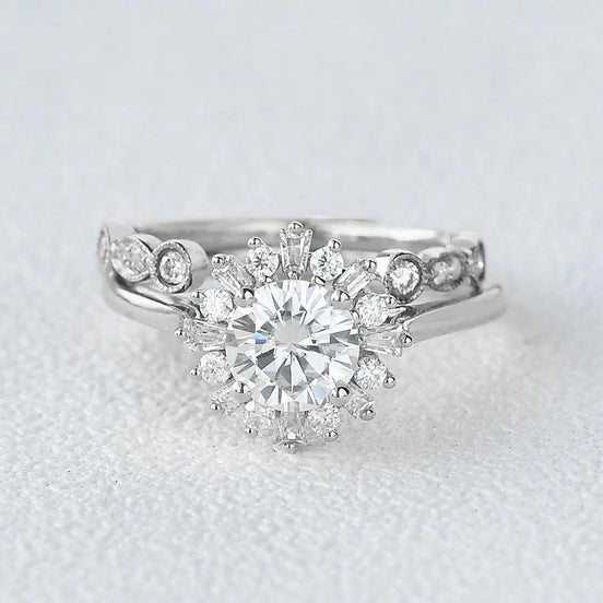 Moissanite Round Cut Floral Halo Bridal Ring Set For Her
