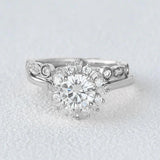 Moissanite Round Cut Floral Halo Bridal Ring Set For Her
