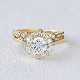 Moissanite Round Cut Floral Halo Bridal Ring Set For Her