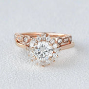 Moissanite Round Cut Floral Halo Bridal Ring Set For Her