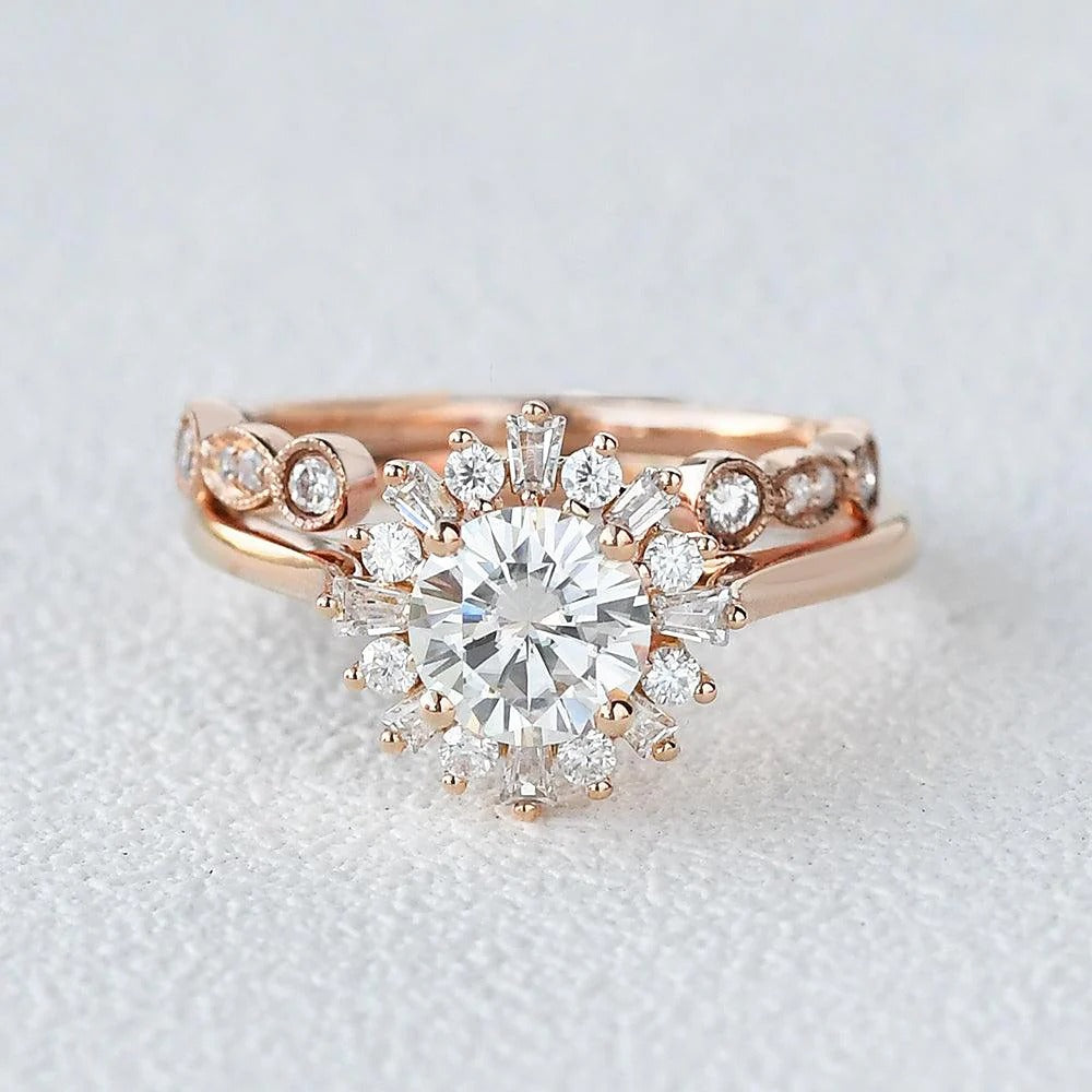 Moissanite Round Cut Floral Halo Bridal Ring Set For Her