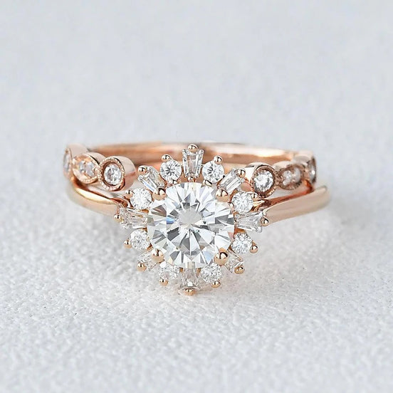 Moissanite Round Cut Floral Halo Bridal Ring Set For Her