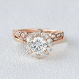 Moissanite Round Cut Floral Halo Bridal Ring Set For Her