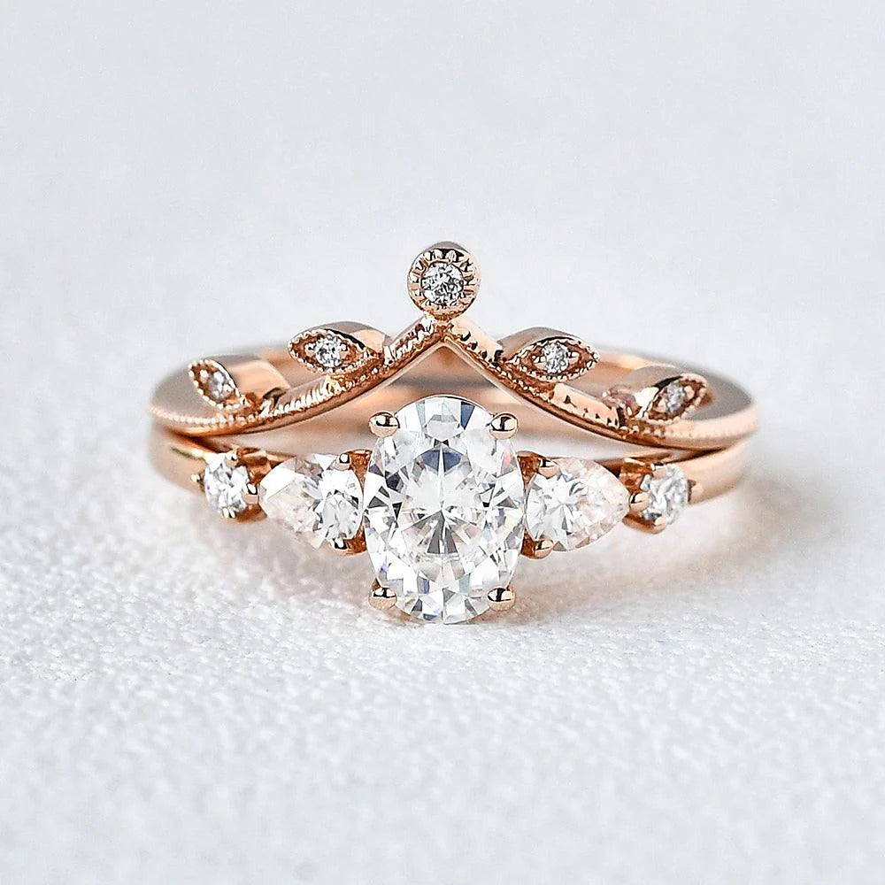 Five Stone Moissanite Oval Cut Anniversary Gift Ring Set