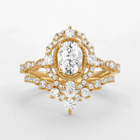 VVS1 Moissanite Floral Halo Oval Cut Unique Style Ring Set