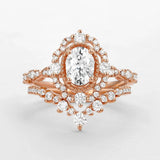 VVS1 Moissanite Floral Halo Oval Cut Unique Style Ring Set