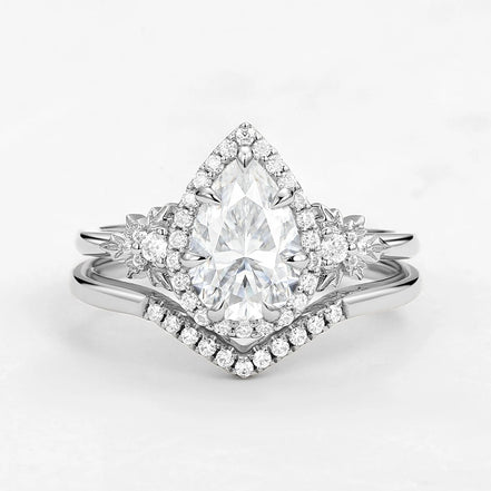 D Color Moissanite Pear Cut Halo Art Deco Wedding Ring Set