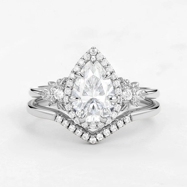 D Color Moissanite Pear Cut Halo Art Deco Wedding Ring Set