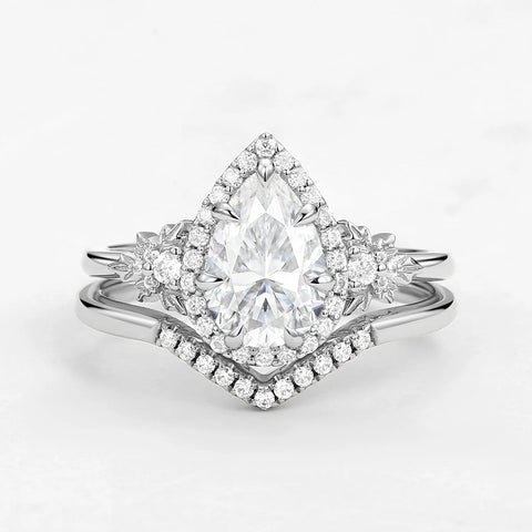 D Color Moissanite Pear Cut Halo Art Deco Wedding Ring Set