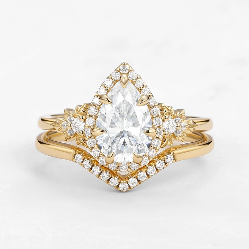 D Color Moissanite Pear Cut Halo Art Deco Wedding Ring Set