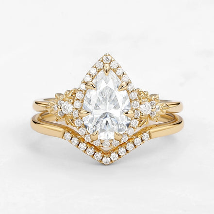 D Color Moissanite Pear Cut Halo Art Deco Wedding Ring Set