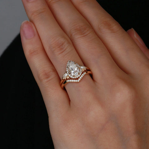D Color Moissanite Pear Cut Halo Art Deco Wedding Ring Set