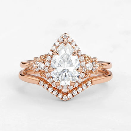 D Color Moissanite Pear Cut Halo Art Deco Wedding Ring Set