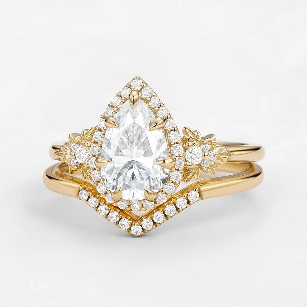 D Color Moissanite Pear Cut Halo Art Deco Wedding Ring Set