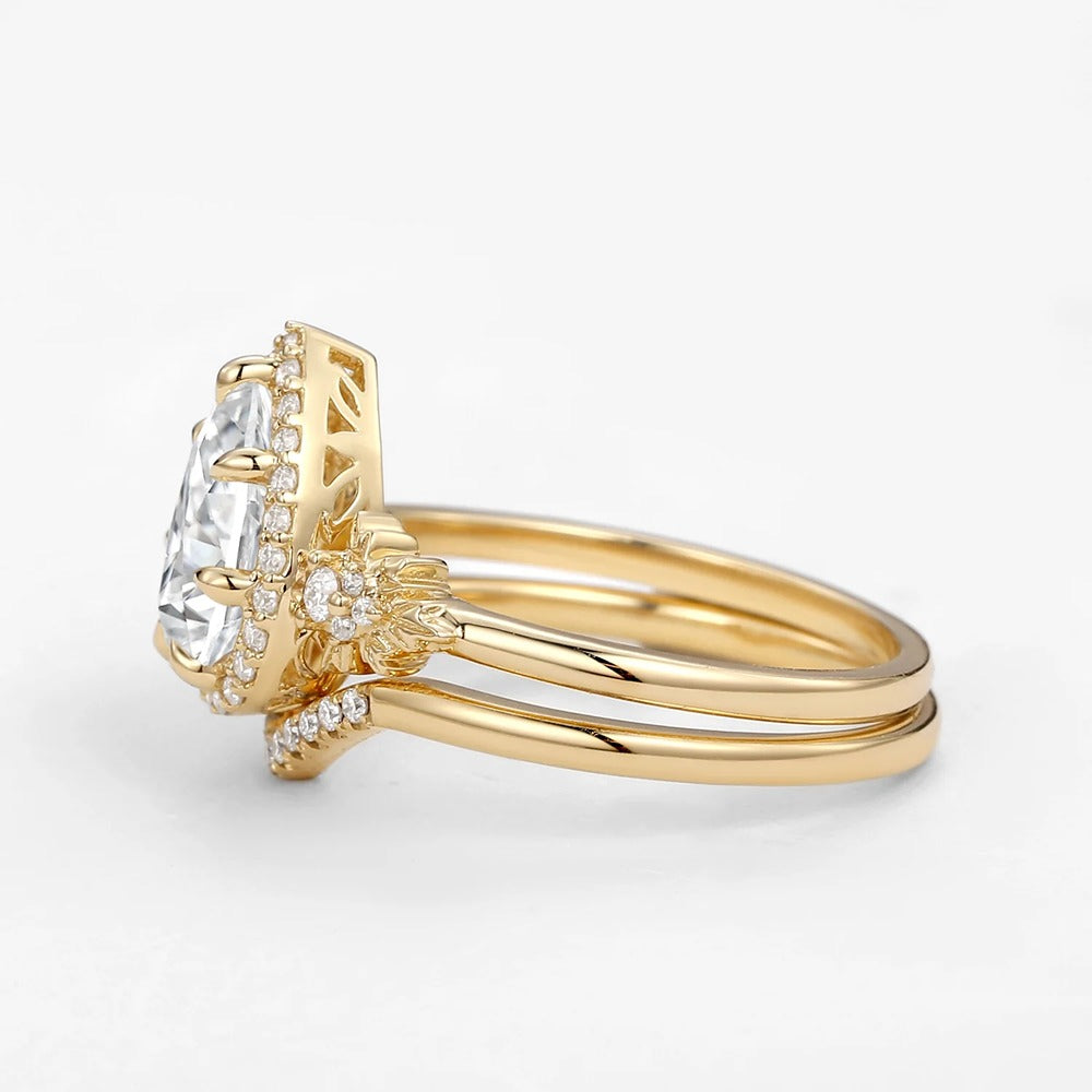 D Color Moissanite Pear Cut Halo Art Deco Wedding Ring Set