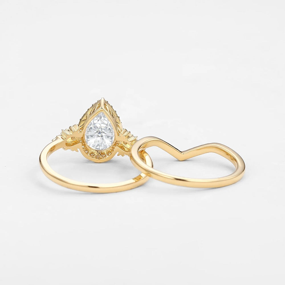 D Color Moissanite Pear Cut Halo Art Deco Wedding Ring Set