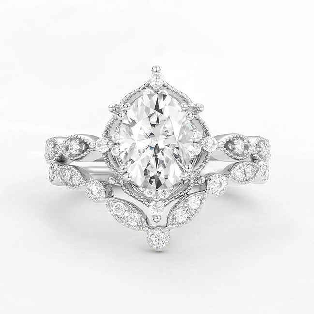 D Color Moissanite Oval Cut Art Deco Ring Set For Wife
