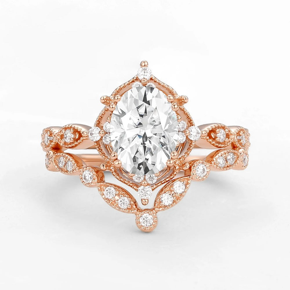 D Color Moissanite Oval Cut Art Deco Ring Set For Wife