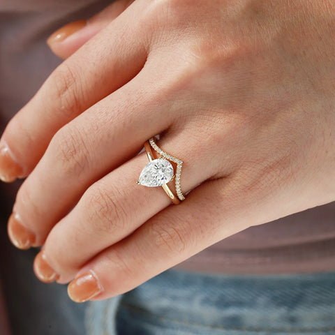 Five Prong Pear Cut Solitaire VVS1 Moissanite Wedding Ring Set