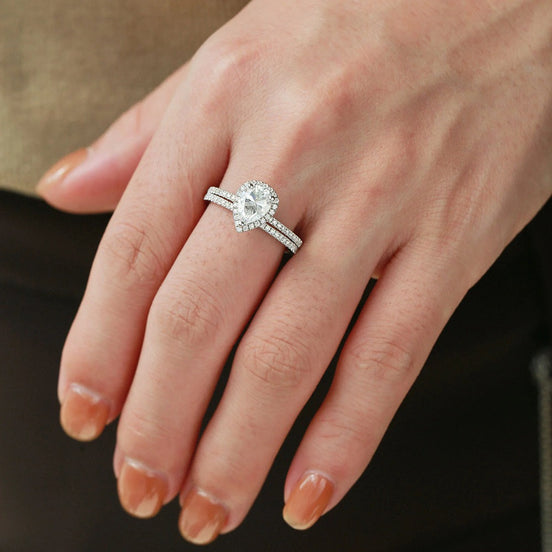 Colorless Moissanite Pear Cut Halo Bridal Set