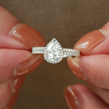 Colorless Moissanite Pear Cut Halo Bridal Set