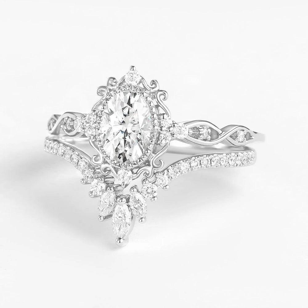 Moissanite D Color Oval Cut Art Deco Filigree Proposal Ring Set For Her