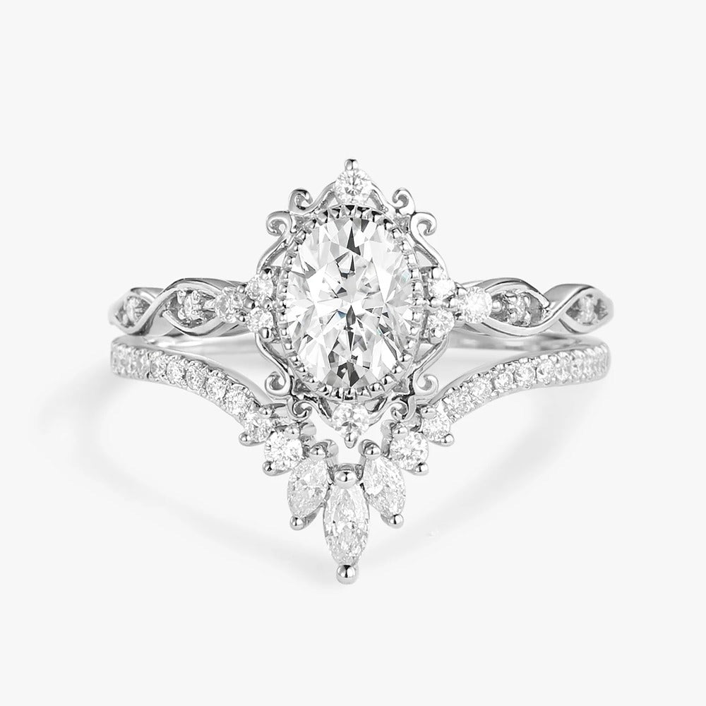 Moissanite D Color Oval Cut Art Deco Filigree Proposal Ring Set For Her