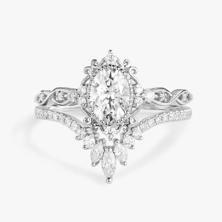 Moissanite D Color Oval Cut Art Deco Filigree Proposal Ring Set For Her