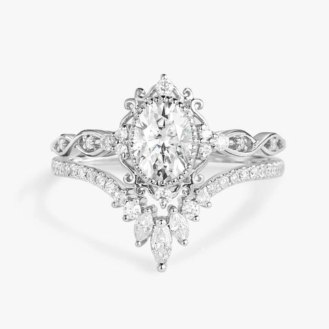 Moissanite D Color Oval Cut Art Deco Filigree Proposal Ring Set For Her