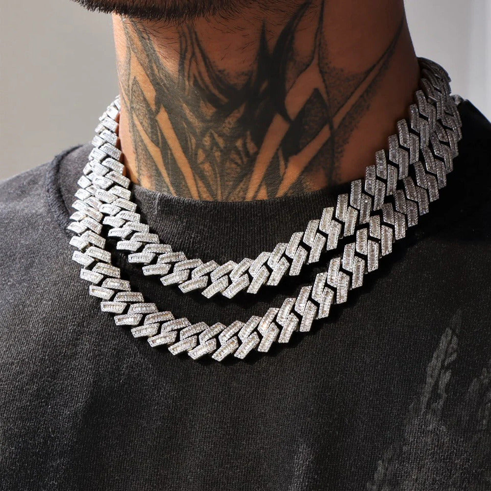 Moissanite Diamond Round & Baguette Cuban Chain For Men's