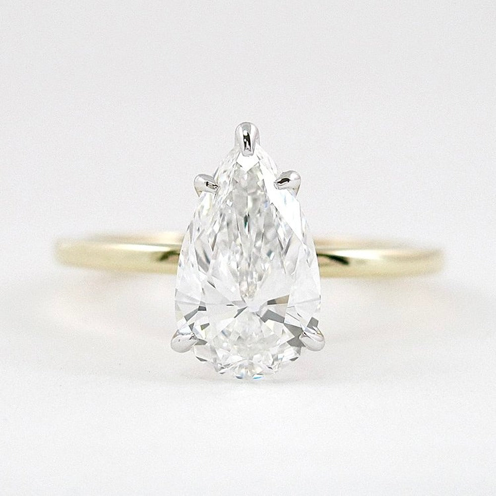 Five Prong Two Tone Moissanite Pear Cut Solitaire Ring