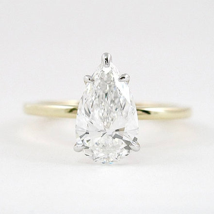 Five Prong Two Tone Moissanite Pear Cut Solitaire Ring