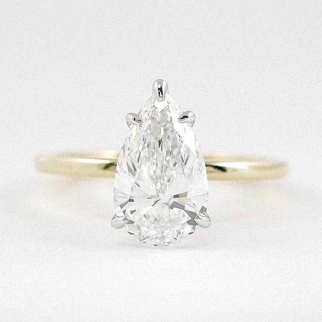 Five Prong Two Tone Moissanite Pear Cut Solitaire Ring
