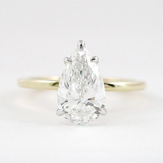 Five Prong Two Tone Moissanite Pear Cut Solitaire Ring