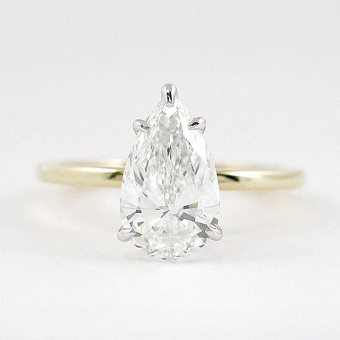 Five Prong Two Tone Moissanite Pear Cut Solitaire Ring