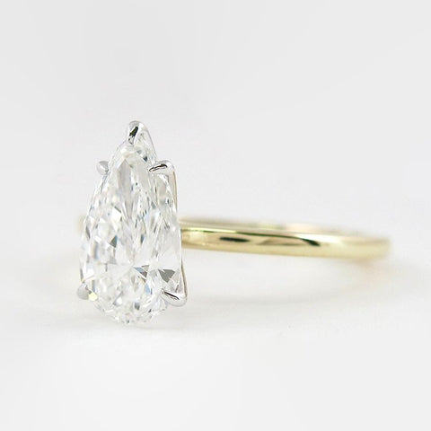 Five Prong Two Tone Moissanite Pear Cut Solitaire Ring