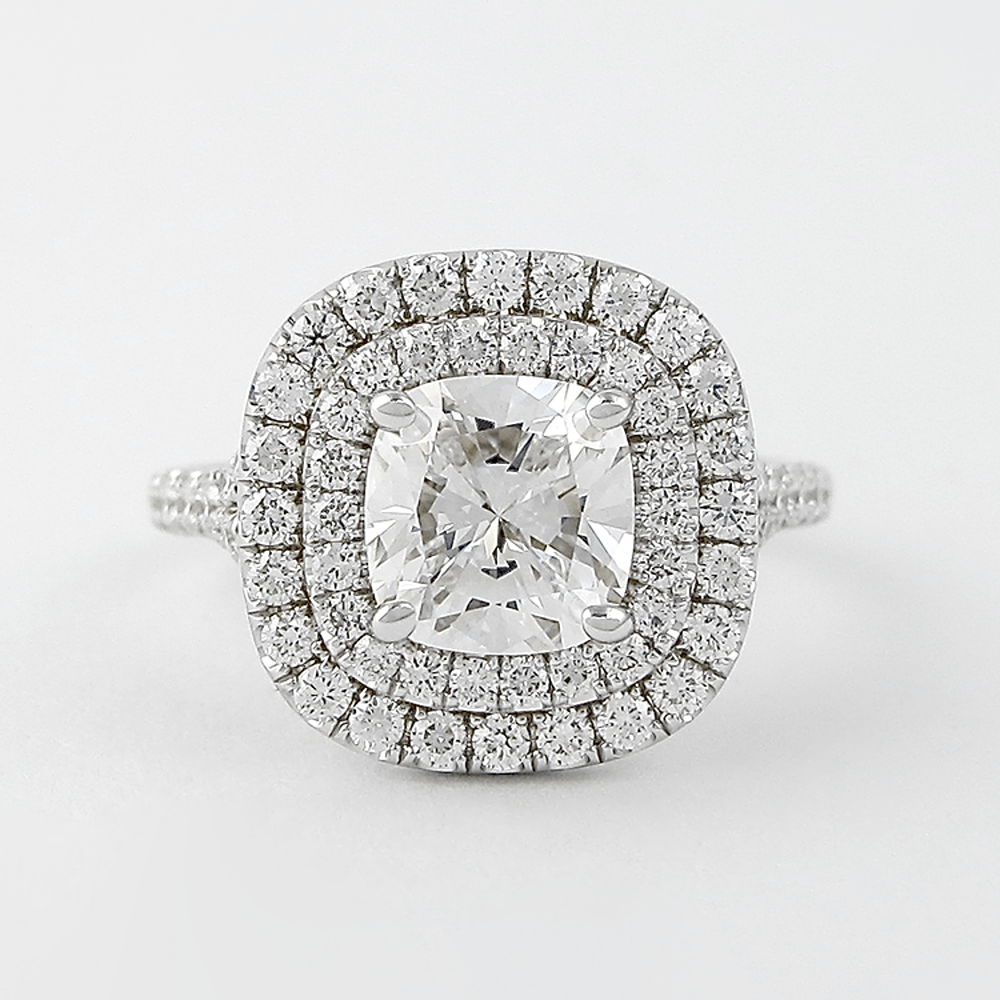 Double Halo Cushion Cut Moissanite Diamond Ring