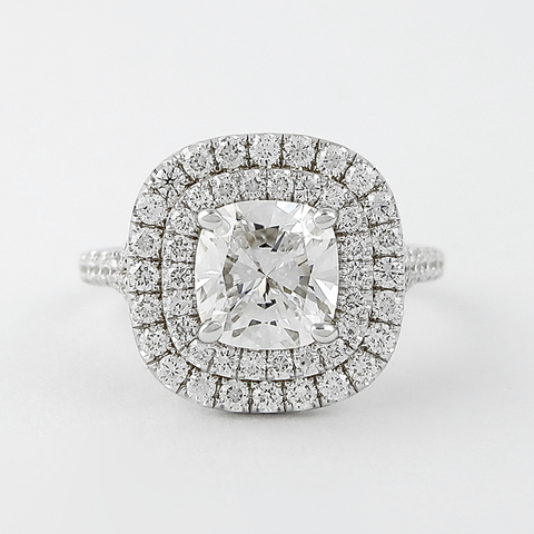 Double Halo Cushion Cut Moissanite Diamond Ring