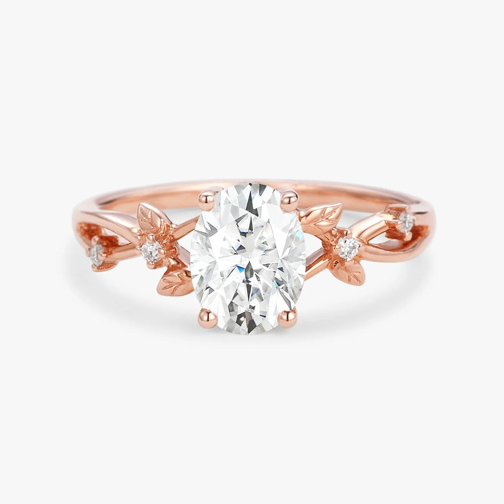 Oval Cut Moissnaite Leafy White Gold Ring Set For Women
