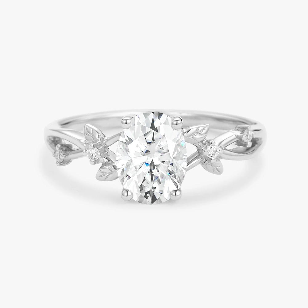 Oval Cut Moissnaite Leafy White Gold Ring Set For Women