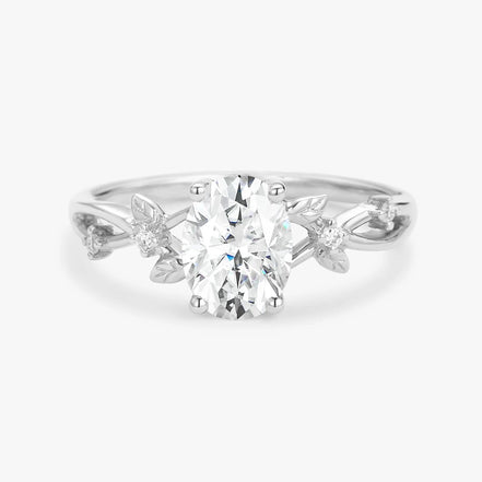 Oval Cut Moissnaite Leafy White Gold Ring Set For Women