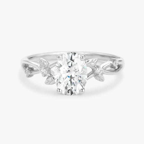 Oval Cut Moissnaite Leafy White Gold Ring Set For Women