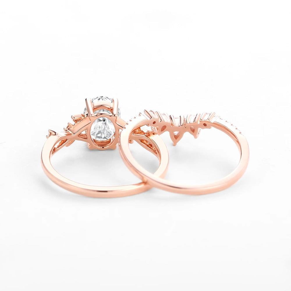 Oval Cut Moissnaite Leafy White Gold Ring Set For Women